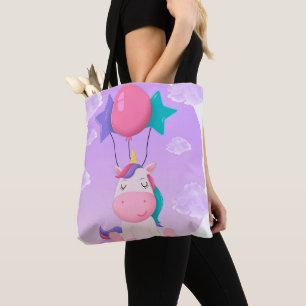 Süßes sitzendes Einhorn und Ballons Flieder Tasche