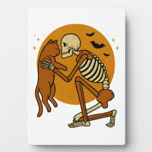 Süßes Skelett, das Katze umarmt, Gothic-Halloween- Fotoplatte