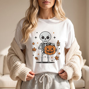 Süßes Skelett hält Halloween-Kürbis T-Shirt