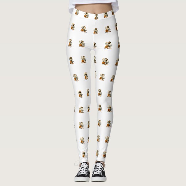 Süßes Skelett Katzen mit Kürbis  Leggings (Vorderseite)