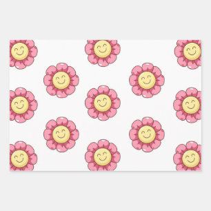 Süßes Smiley-Blumen-Geschenkpapier – Rosa Geschenkpapier Set