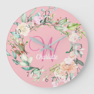 Süßes Sommerrosen-Initial-Monogramm für Mädchen Große Wanduhr