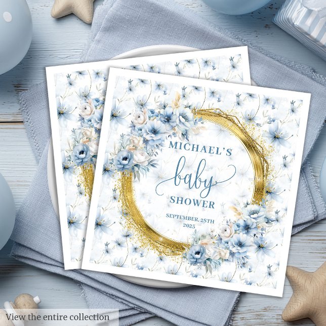 Süßes staubblaues Blütenblatt Goldbabydusche Serviette (Sweet dusty blue flowers gold boy baby shower Paper Dinner Napkins)