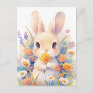 Süßes Tan-Hase hält gelbe Blüte Postkarte