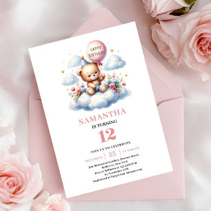 Süßes Teddybär-Ballon-Design Mädchen-Geburtstag Einladung