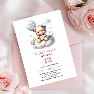 Süßes Teddybär-Ballon-Themen-Mädchen-Geburtstag Einladung