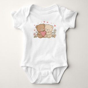 Süßes Teddybär-Paar hält Herz-Gänseblümchen-Blume Baby Strampler