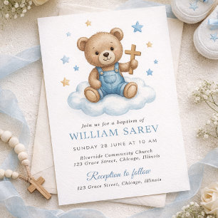 Süßes Teddybär-Taufdesign mit blauen Sternen Einladung