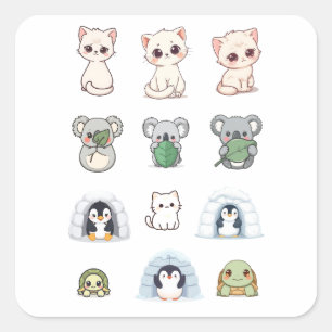 Süßes Tier & Iglu-Sticker-Set – Cartoon-Kreatur Quadratischer Aufkleber