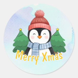 Süßes Tier Pinguin Blau Aquarell Fröhliche Weihnac Runder Aufkleber