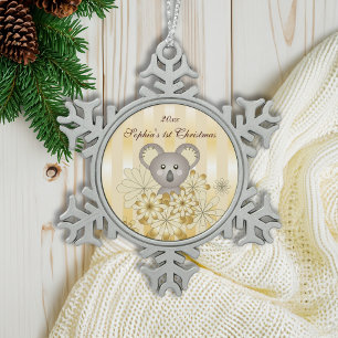 Süßes Tierbaby Koala Gold Effekt Streifen Kinder Schneeflocken Zinn-Ornament