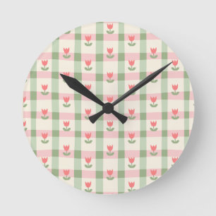 Süßes Tulpen-Karo-Muster Pastell-Blumen Runde Wanduhr