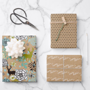 Süßes Türkis-Blau-Grün-Blumen- und Hirsch-Kunstmus Geschenkpapier Set