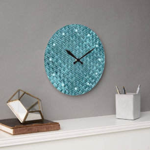 Süßes Türkis-Blaues Faux-Rattan-Webmuster Große Wanduhr