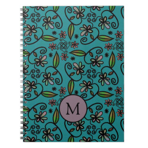 Süßes Türkis-Blumenmuster-Monogramm Notizblock