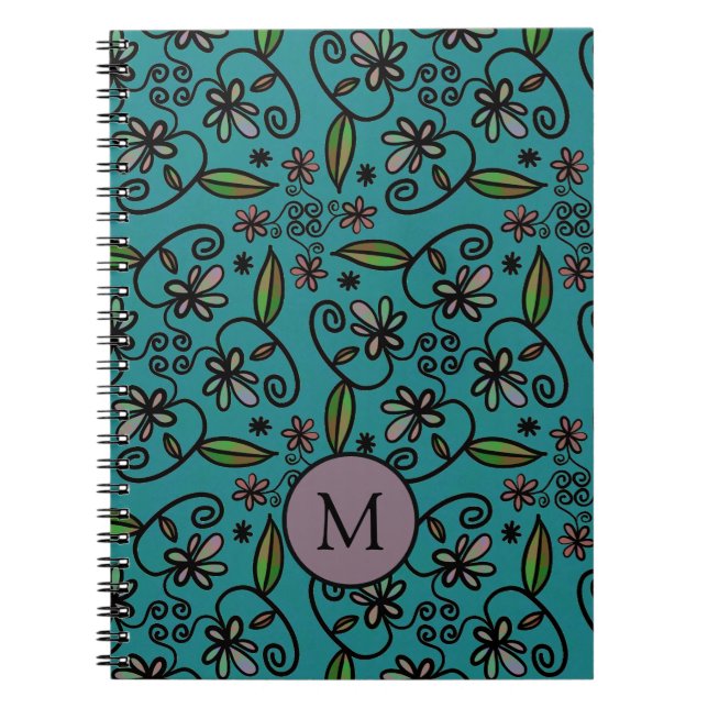 Süßes Türkis-Blumenmuster-Monogramm Notizblock (Vorderseite)
