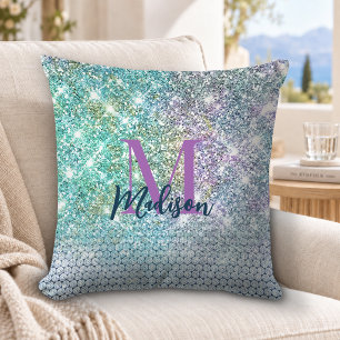 Süßes Türkis Einhorn Faux Glitter Monogramm Kissen