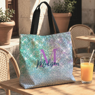 Süßes Türkis Einhorn Faux Glitter Monogramm Tasche