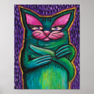 Süßes Türkis-Katze in Ölkreide auf Lila Hintergrun Poster