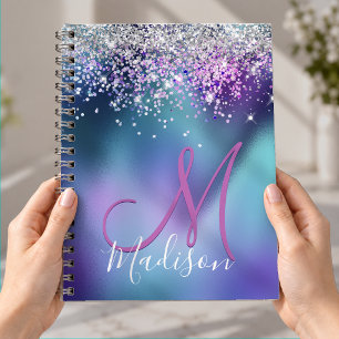 Süßes Türkis Lila falsches Glitter Monogramm Notizblock