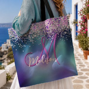 Süßes türkis-lila falsches Glitter-Monogramm Tasche