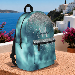 Süßes türkis-silbernes falsches Glitter-Monogramm Bedruckter Rucksack