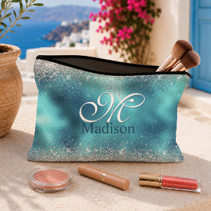 Süßes türkis-silbernes falsches Glitter-Monogramm Zubehörtasche