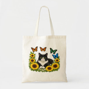 Süßes Tuxedo-Katzen-Sonnenblumen-Kranz-Porträt Tragetasche