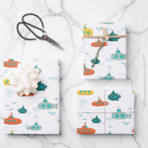 Süßes U-Boot-Nautik-Tiefsee-Fisch-Muster Geschenkpapier Set