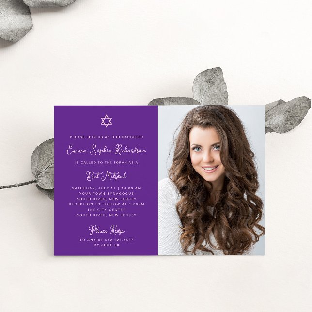 Süßes und einfaches Rosa und Lila Foto Bat Mitzvah Einladung (Von Creator hochgeladen)