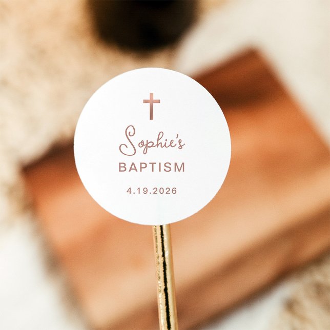 Süßes und Einfaches | Rose Gold Cross Taufen Runder Aufkleber (Von Creator hochgeladen)