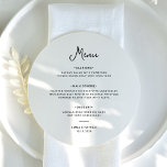 Süßes und Whimsisches | Schwarz-Weiß-Hochzeit Menükarte<br><div class="desc">Diese schlichte und stilvolle, schwarz-weiße runde Hochzeitskarte bietet eine skurrile, Vintage Schriftzeichen-Typografie. Fügen Sie Ihre Dinnerwahl für Vorspeisen oder Vorspeisen, Vorspeise, Hauptgericht oder Vorspeise, Desserts und Desserts hinzu. Ein elegantes, klassisches minimalistisches Ambiente, das immer noch einzigartig und zeitgemäß ist und sowohl für Hochzeitsempfang oder Probe als auch für Brautparty oder...</div>