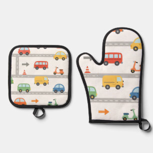 Süßes Verkehrsstraßen-Fahrzeug-Muster für Kinder Ofenhandschuh & Topflappen-Set