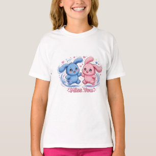 Süßes 'Vermisse Dich' Paar T-Shirt, Blau Rosa Hase T-Shirt