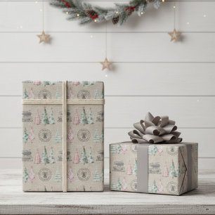 Süßes Vintage-Jutestempel-Weihnachtsbaum-Muster Geschenkpapier