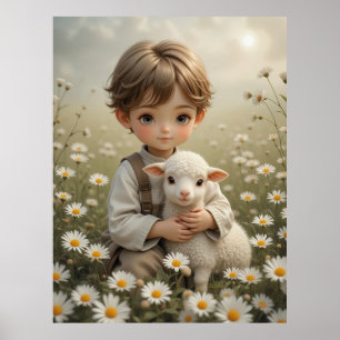 Süßes Vintage-Kinderporträt mit kleinem Lamm  Poster