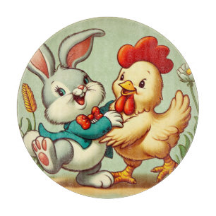 Süßes, vintage Zeichentrick Huhn & Kaninchen Schneidebrett