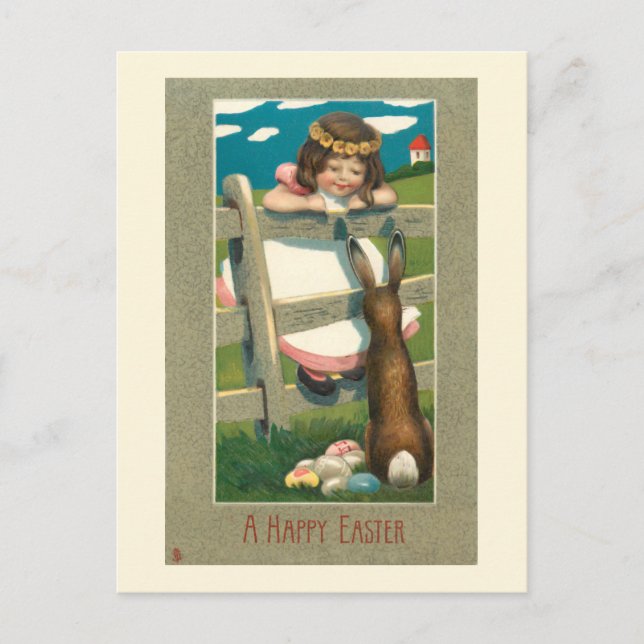 Süßes Vintages Kind, Osterhasen & Eier Postkarte (Vorderseite)
