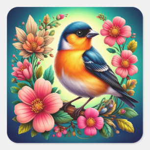 🌸 Süßes Vogel- und Blumen-Geschenk Idee Quadratischer Aufkleber