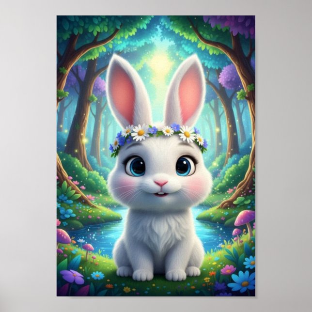 Süßes Waldkaninchen-Blumen-Fantasy-Poster Poster (Vorne)