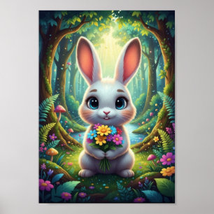 Süßes Waldkaninchen-Hasen-Frühlingsblumenstrauß-Po Poster