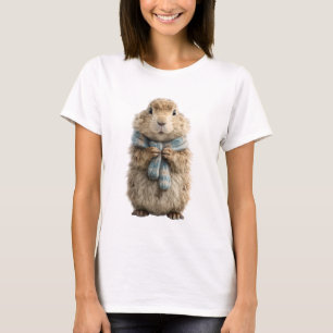 Süßes Waldmurmeltier mit blauem gestricktem Schal T-Shirt