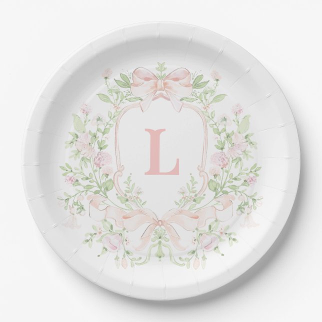 Süßes Wappen mit rosa Bogen | Monogramm-Brautparty Pappteller (Vorderseite)