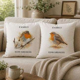 Süßes Wasserfarb-Rotkehlchen-Vogelfamilienmonogram Kissen