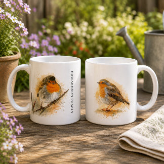 Süßes Wasserfarbe-Rotkehlchen-Vogel-Monogramm Kaffeetasse