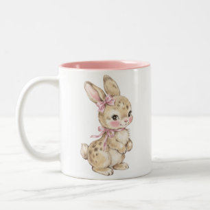 Süßes Wasserfarben-Baby-Kaninchen mit rosa Schleif Zweifarbige Tasse