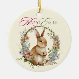 Süßes Wasserfarben-Hasen-Blumenkranz-Ostern Keramik Ornament