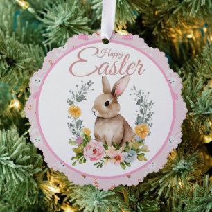 Süßes Wasserfarben-Hasen-Blumenkranz-Ostern Ornament Karte