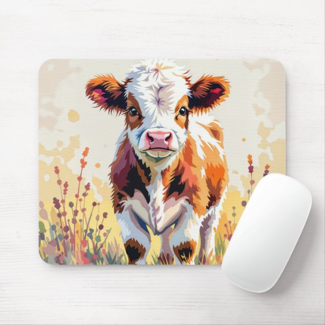 Süßes Wasserfarben-Kalb auf Feldunkräutern Mousepad (Mit Mouse)