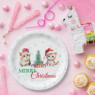Süßes Wasserfarben-Kätzchen Santa Weihnachtsfeier Pappteller